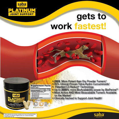 Saba Platinum Joint Support – High Absorption Curcumin C3 Reduct & Boswellia – Fast Acting Turmeric Supplement for Joint Pain Relief, Mobility & Healthy Inflammation Response – 60 Vegan Capsules - dailyvitalstore