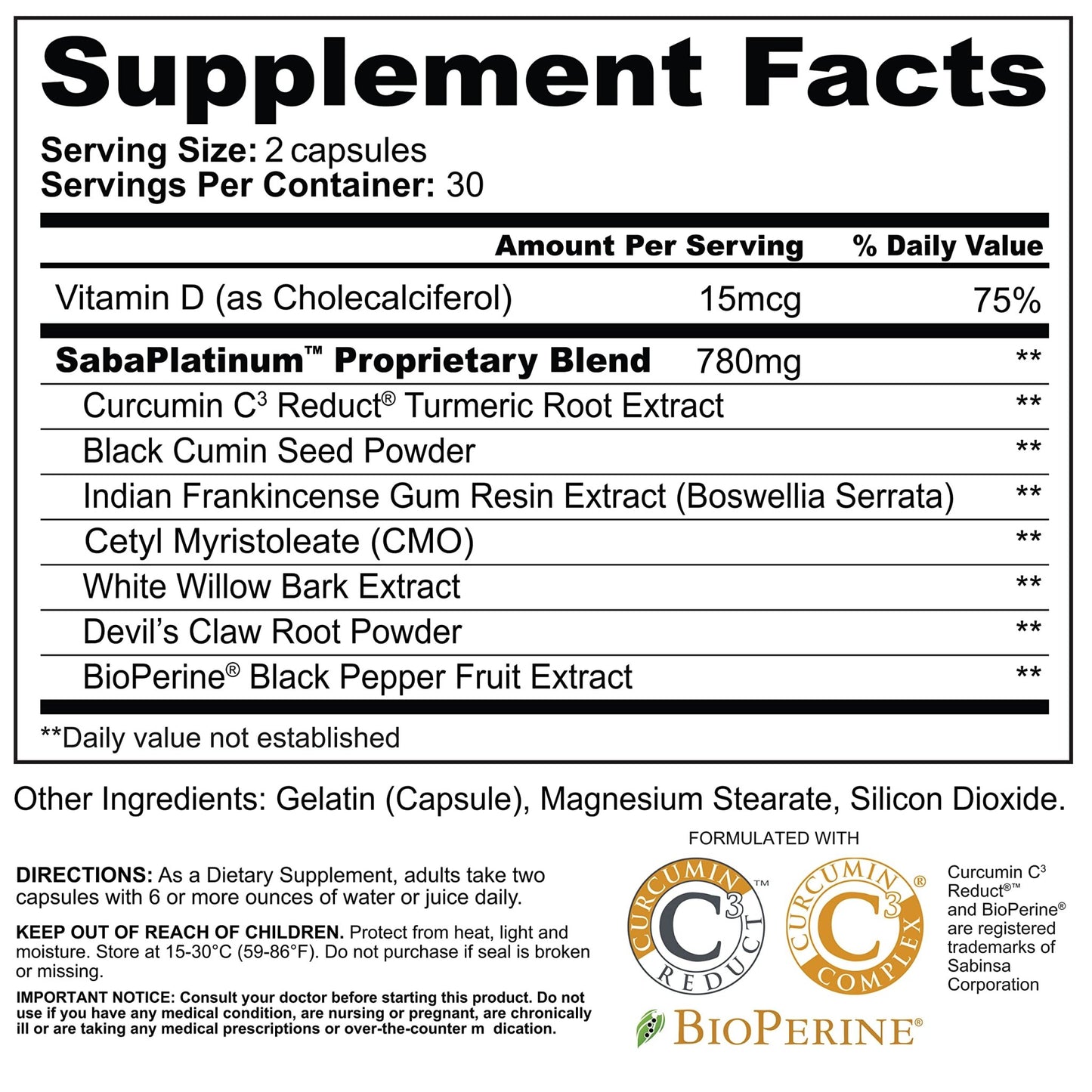 Saba Platinum Joint Support – High Absorption Curcumin C3 Reduct & Boswellia – Fast Acting Turmeric Supplement for Joint Pain Relief, Mobility & Healthy Inflammation Response – 60 Vegan Capsules - dailyvitalstore