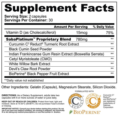 Saba Platinum Joint Support – High Absorption Curcumin C3 Reduct & Boswellia – Fast Acting Turmeric Supplement for Joint Pain Relief, Mobility & Healthy Inflammation Response – 60 Vegan Capsules - dailyvitalstore