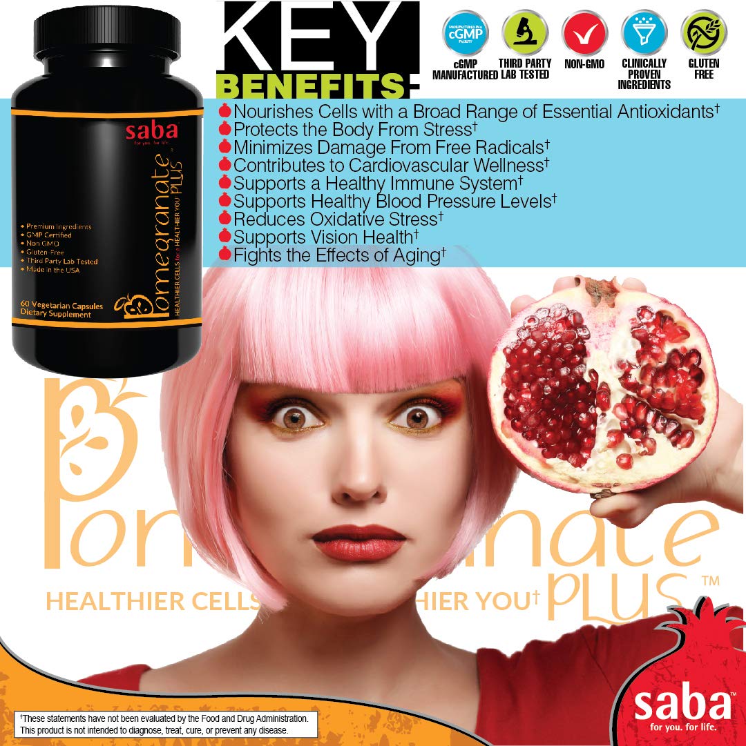 Saba Pomegranate Plus – Antioxidant Supplement with Astaxanthin & Adaptogens | Immune, Skin, Heart & Brain Support | Daily Stress & Cellular Wellness | 60 Capsules - dailyvitalstore
