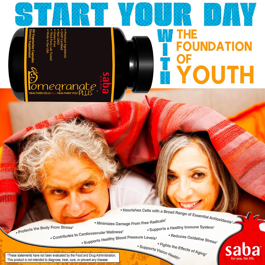 Saba Pomegranate Plus – Antioxidant Supplement with Astaxanthin & Adaptogens | Immune, Skin, Heart & Brain Support | Daily Stress & Cellular Wellness | 60 Capsules - dailyvitalstore