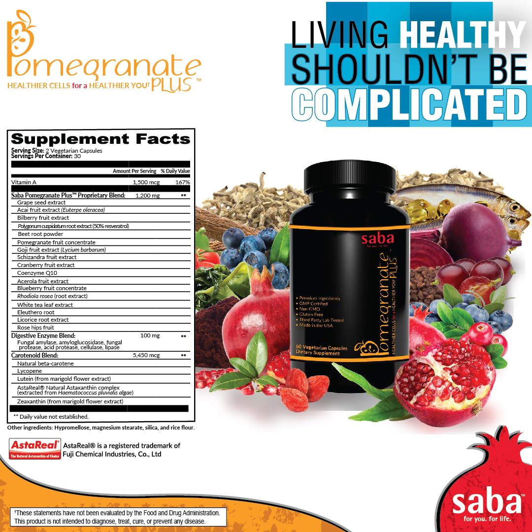 Saba Pomegranate Plus – Antioxidant Supplement with Astaxanthin & Adaptogens | Immune, Skin, Heart & Brain Support | Daily Stress & Cellular Wellness | 60 Capsules - dailyvitalstore