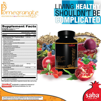 Saba Pomegranate Plus – Antioxidant Supplement with Astaxanthin & Adaptogens | Immune, Skin, Heart & Brain Support | Daily Stress & Cellular Wellness | 60 Capsules - dailyvitalstore