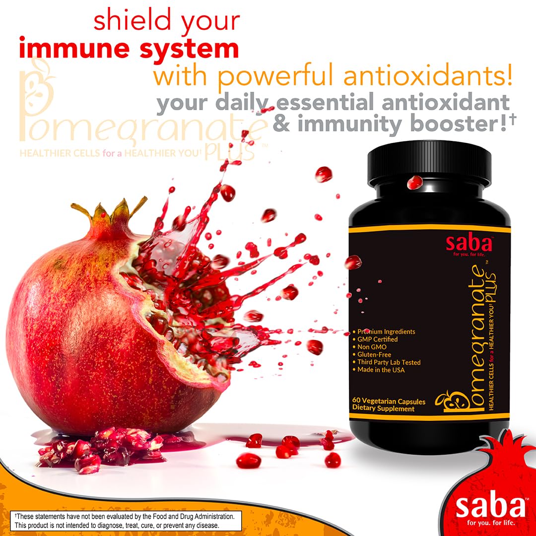 Saba Pomegranate Plus – Antioxidant Supplement with Astaxanthin & Adaptogens | Immune, Skin, Heart & Brain Support | Daily Stress & Cellular Wellness | 60 Capsules - dailyvitalstore