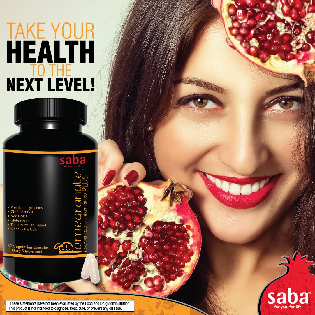 Saba Pomegranate Plus – Antioxidant Supplement with Astaxanthin & Adaptogens | Immune, Skin, Heart & Brain Support | Daily Stress & Cellular Wellness | 60 Capsules - dailyvitalstore