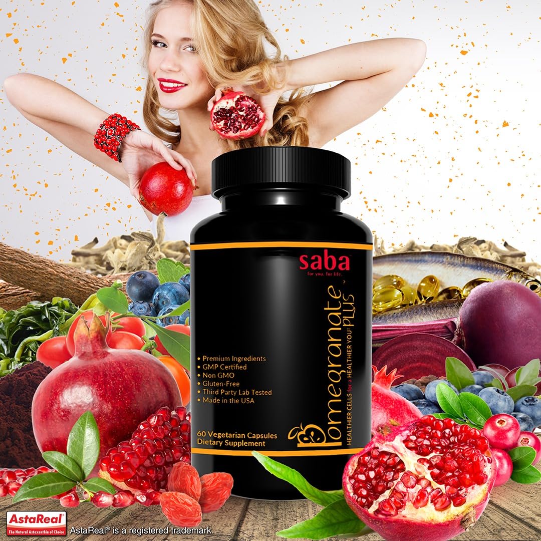 Saba Pomegranate Plus – Antioxidant Supplement with Astaxanthin & Adaptogens | Immune, Skin, Heart & Brain Support | Daily Stress & Cellular Wellness | 60 Capsules - dailyvitalstore