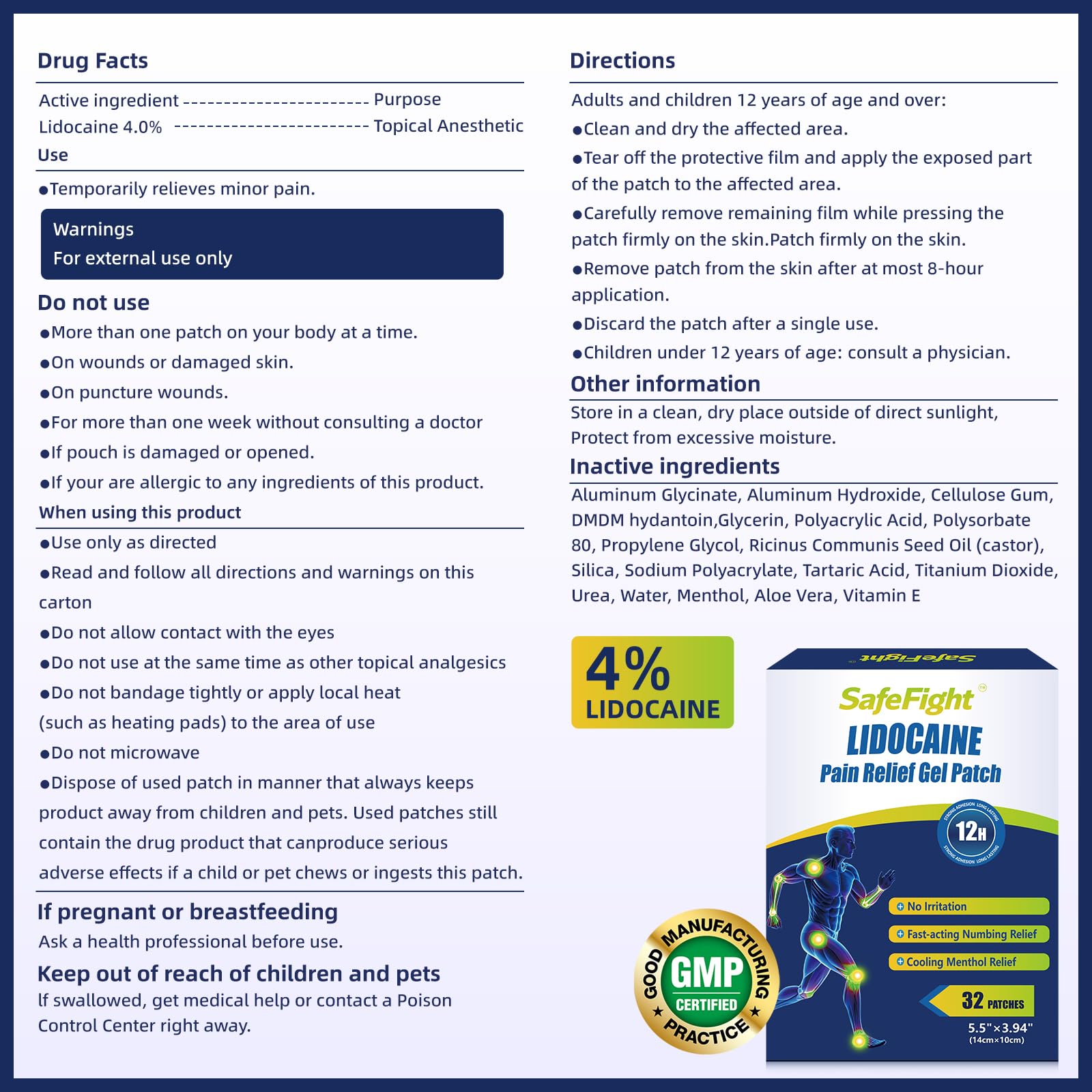 SafeFight 4% Lidocaine Pain Relief Patches 32 Count - Maximum Strength Relief for Back, Neck, Shoulder, Joint & Muscle Pain, Add Menthol, 12 Hour Long Lasting Relief Pains - dailyvitalstore