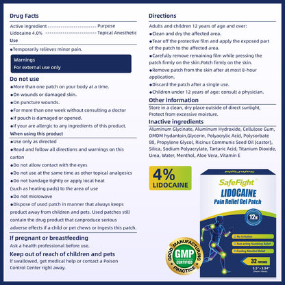 SafeFight 4% Lidocaine Pain Relief Patches 32 Count - Maximum Strength Relief for Back, Neck, Shoulder, Joint & Muscle Pain, Add Menthol, 12 Hour Long Lasting Relief Pains - dailyvitalstore