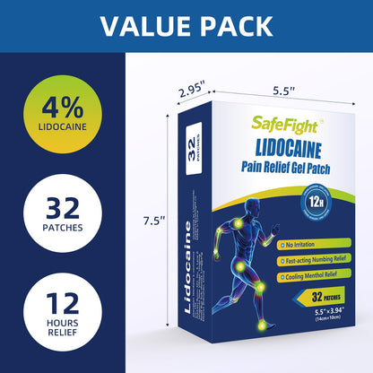 SafeFight 4% Lidocaine Pain Relief Patches 32 Count - Maximum Strength Relief for Back, Neck, Shoulder, Joint & Muscle Pain, Add Menthol, 12 Hour Long Lasting Relief Pains - dailyvitalstore