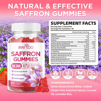 Saffron Gummies for Adult Kids, 10-IN-1 Formula with Saffron 88.5mg, Vitamins D3 & B6, Magnesium, Zinc, Ashwagandha, L-Theanine, St. John's Wort - Supports Mood & Focus, Strawberry Flavor, 60 Count - dailyvitalstore