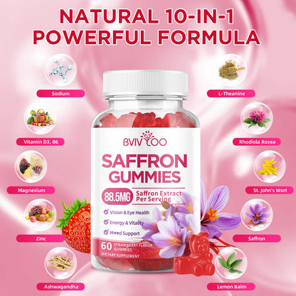 Saffron Gummies for Adult Kids, 10-IN-1 Formula with Saffron 88.5mg, Vitamins D3 & B6, Magnesium, Zinc, Ashwagandha, L-Theanine, St. John's Wort - Supports Mood & Focus, Strawberry Flavor, 60 Count - dailyvitalstore