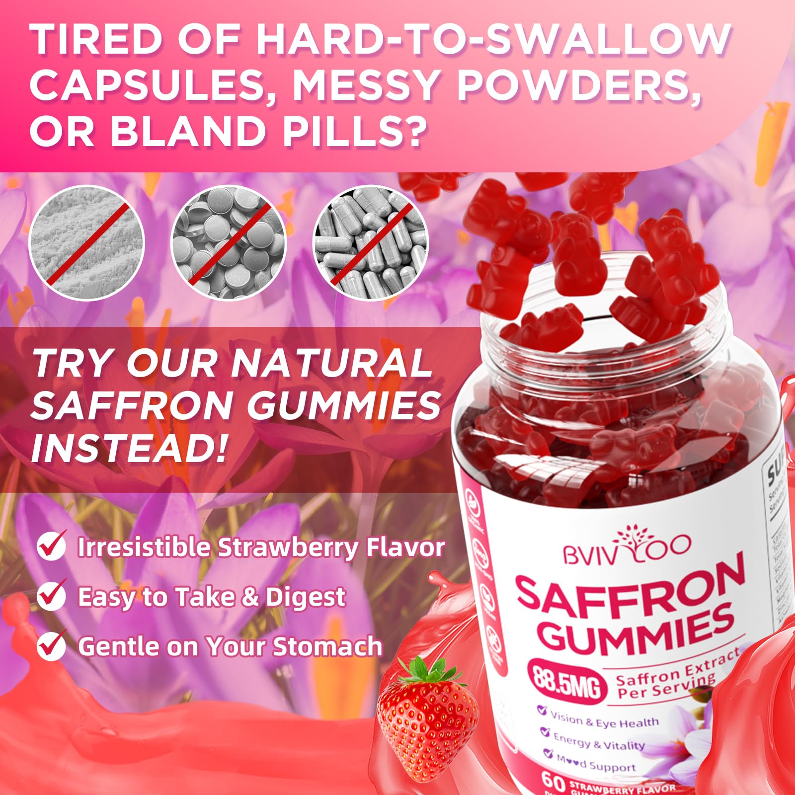 Saffron Gummies for Adult Kids, 10-IN-1 Formula with Saffron 88.5mg, Vitamins D3 & B6, Magnesium, Zinc, Ashwagandha, L-Theanine, St. John's Wort - Supports Mood & Focus, Strawberry Flavor, 60 Count - dailyvitalstore