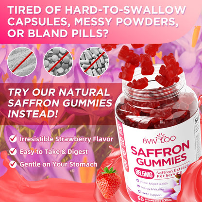 Saffron Gummies for Adult Kids, 10-IN-1 Formula with Saffron 88.5mg, Vitamins D3 & B6, Magnesium, Zinc, Ashwagandha, L-Theanine, St. John's Wort - Supports Mood & Focus, Strawberry Flavor, 60 Count - dailyvitalstore