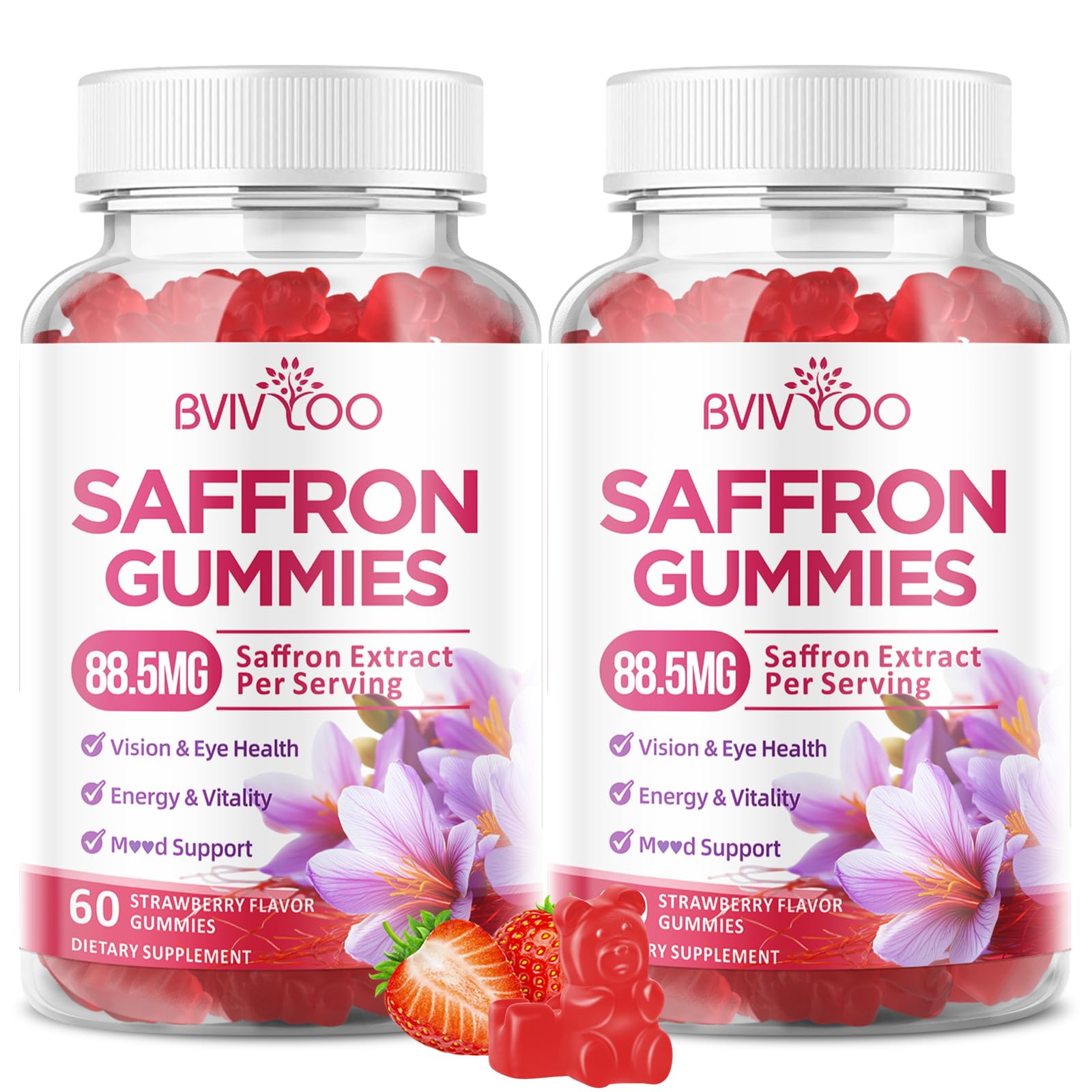 Saffron Gummies for Adult Kids, 10-IN-1 Formula with Saffron 88.5mg, Vitamins D3 & B6, Magnesium, Zinc, Ashwagandha, L-Theanine, St. John's Wort - Supports Mood & Focus, Strawberry Flavor, 60 Count - dailyvitalstore