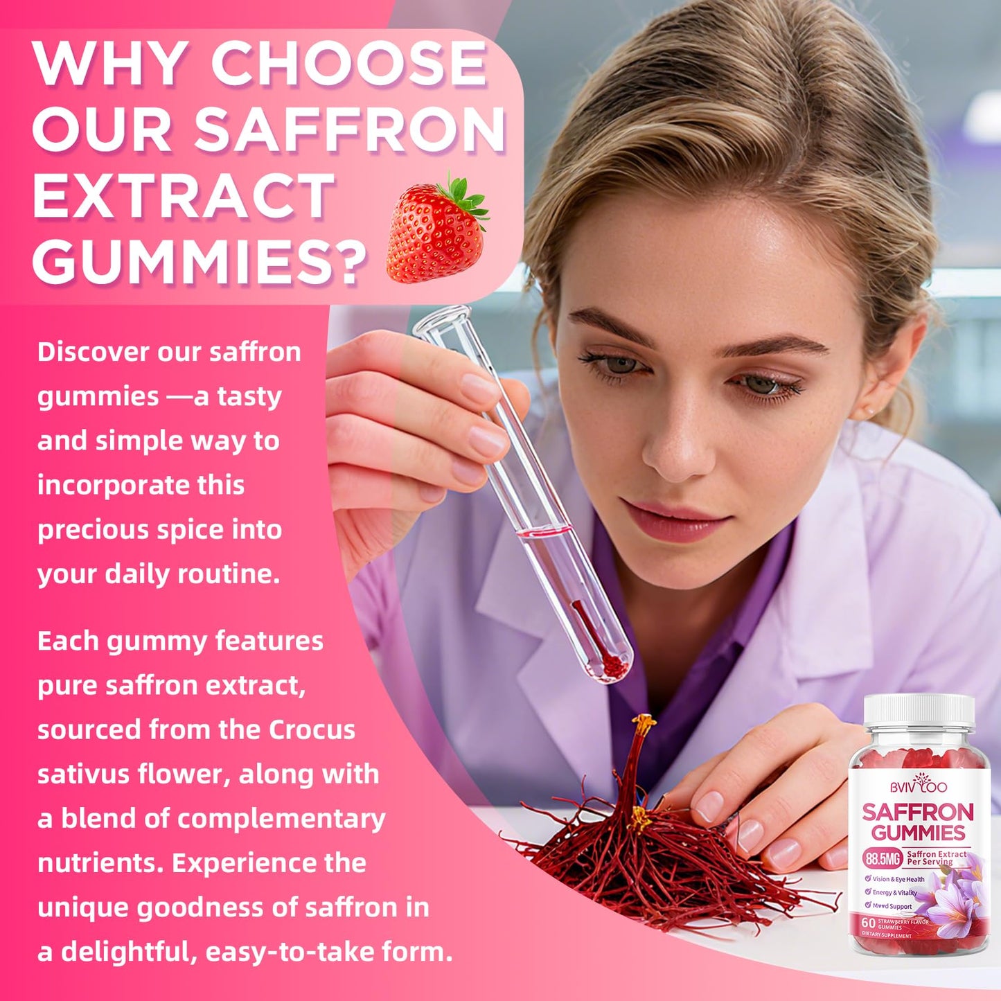 Saffron Gummies for Adult Kids, 10-IN-1 Formula with Saffron 88.5mg, Vitamins D3 & B6, Magnesium, Zinc, Ashwagandha, L-Theanine, St. John's Wort - Supports Mood & Focus, Strawberry Flavor, 60 Count - dailyvitalstore
