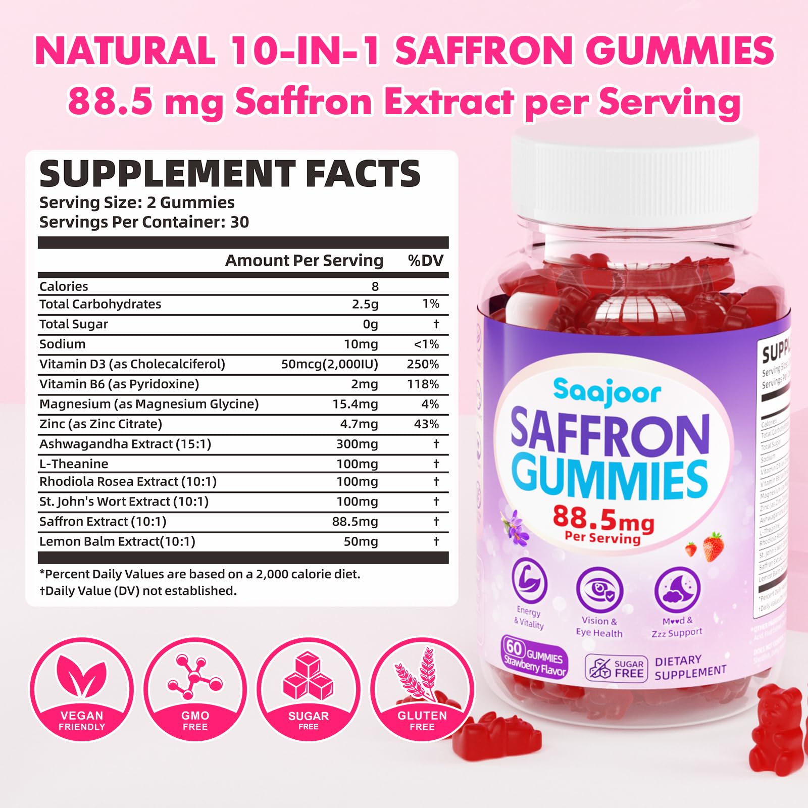 Saffron Gummies for Adult Kids - with Saffron 88.5mg, Vitamins D3 & B6, Magnesium, Zinc, Ashwagandha, L - Theanine, St. John's Wort - Supports Mood & Focus, Strawberry Flavor, 120 Count - dailyvitalstore