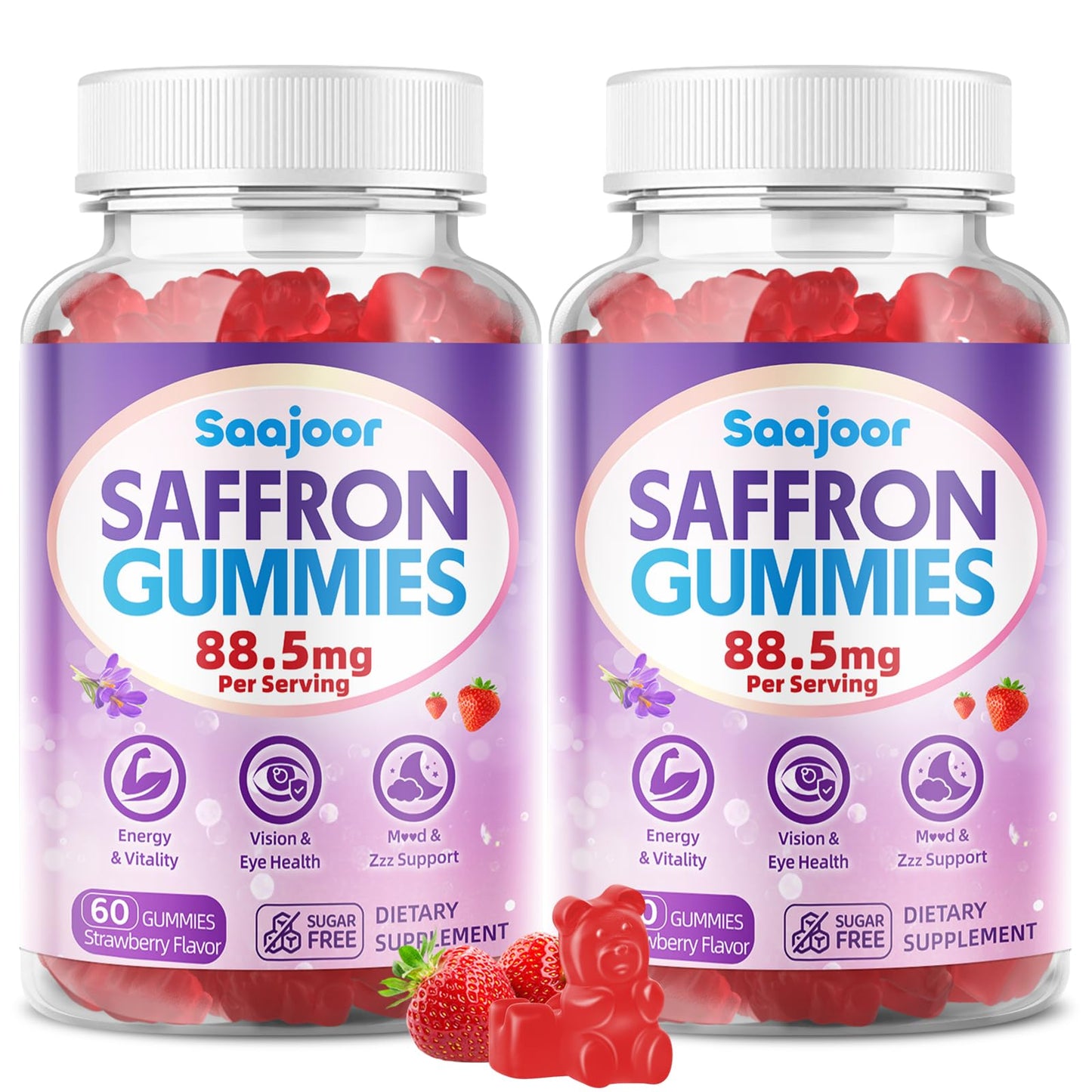 Saffron Gummies for Adult Kids - with Saffron 88.5mg, Vitamins D3 & B6, Magnesium, Zinc, Ashwagandha, L - Theanine, St. John's Wort - Supports Mood & Focus, Strawberry Flavor, 120 Count - dailyvitalstore