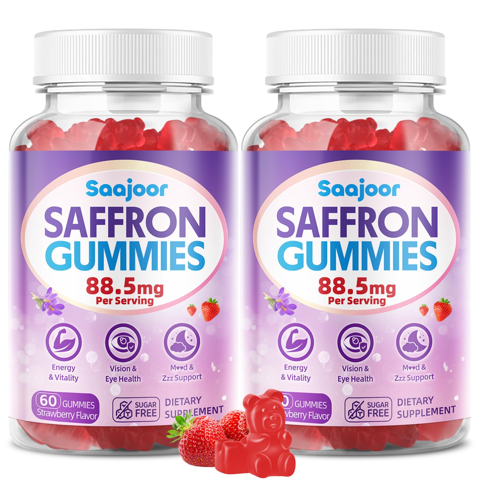 Saffron Gummies for Adult Kids - with Saffron 88.5mg, Vitamins D3 & B6, Magnesium, Zinc, Ashwagandha, L - Theanine, St. John's Wort - Supports Mood & Focus, Strawberry Flavor, 120 Count - dailyvitalstore