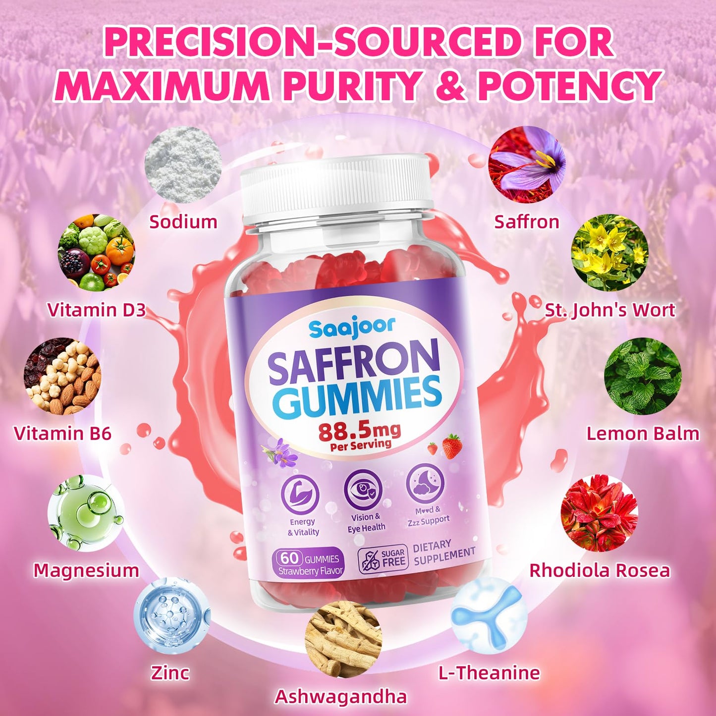 Saffron Gummies for Adult Kids - with Saffron 88.5mg, Vitamins D3 & B6, Magnesium, Zinc, Ashwagandha, L - Theanine, St. John's Wort - Supports Mood & Focus, Strawberry Flavor, 120 Count - dailyvitalstore
