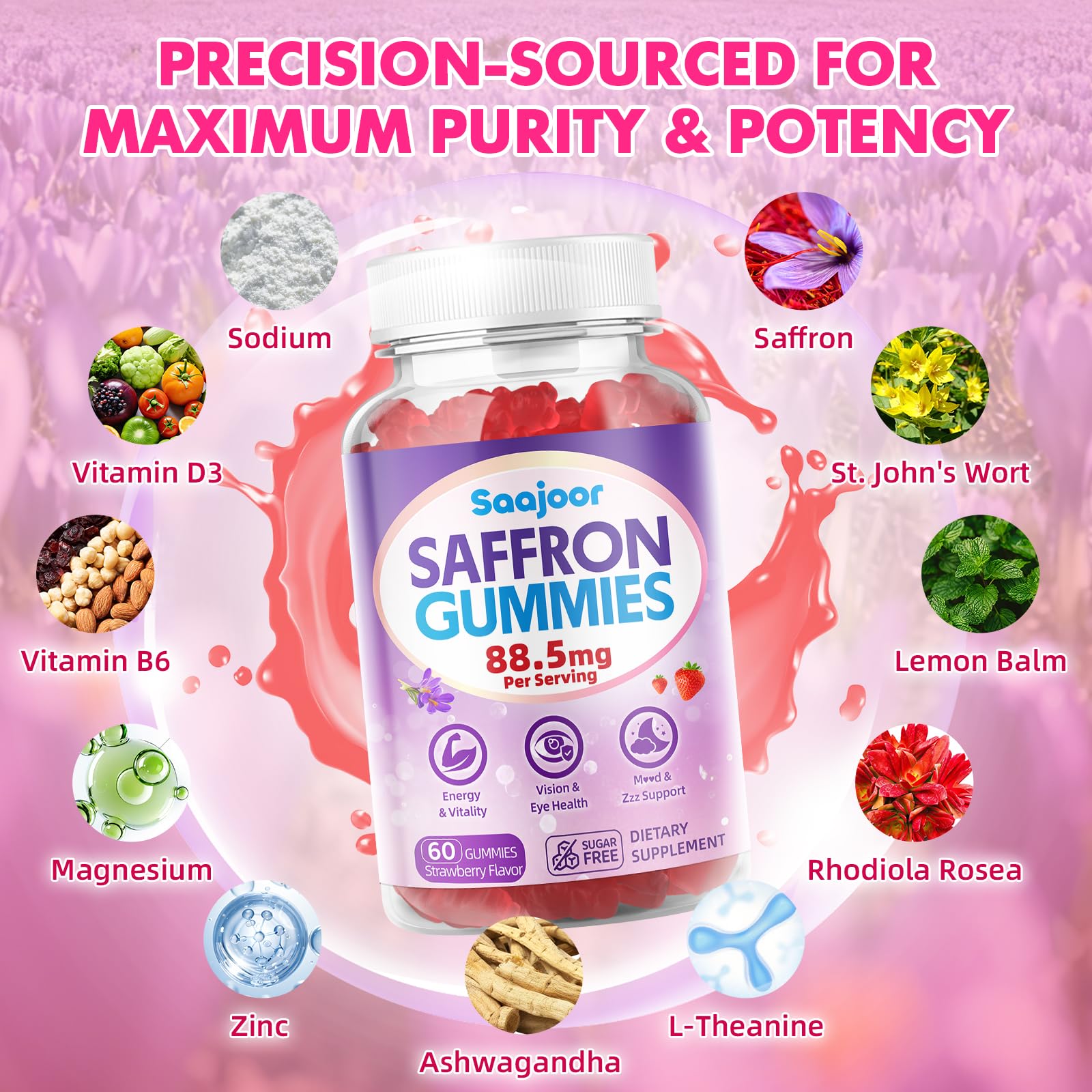 Saffron Gummies for Adult Kids - with Saffron 88.5mg, Vitamins D3 & B6, Magnesium, Zinc, Ashwagandha, L - Theanine, St. John's Wort - Supports Mood & Focus, Strawberry Flavor, 120 Count - dailyvitalstore
