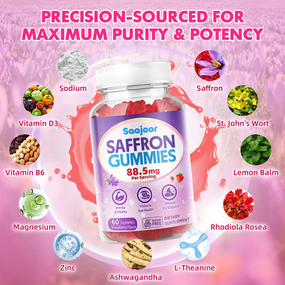 Saffron Gummies for Adult Kids - with Saffron 88.5mg, Vitamins D3 & B6, Magnesium, Zinc, Ashwagandha, L - Theanine, St. John's Wort - Supports Mood & Focus, Strawberry Flavor, 120 Count - dailyvitalstore