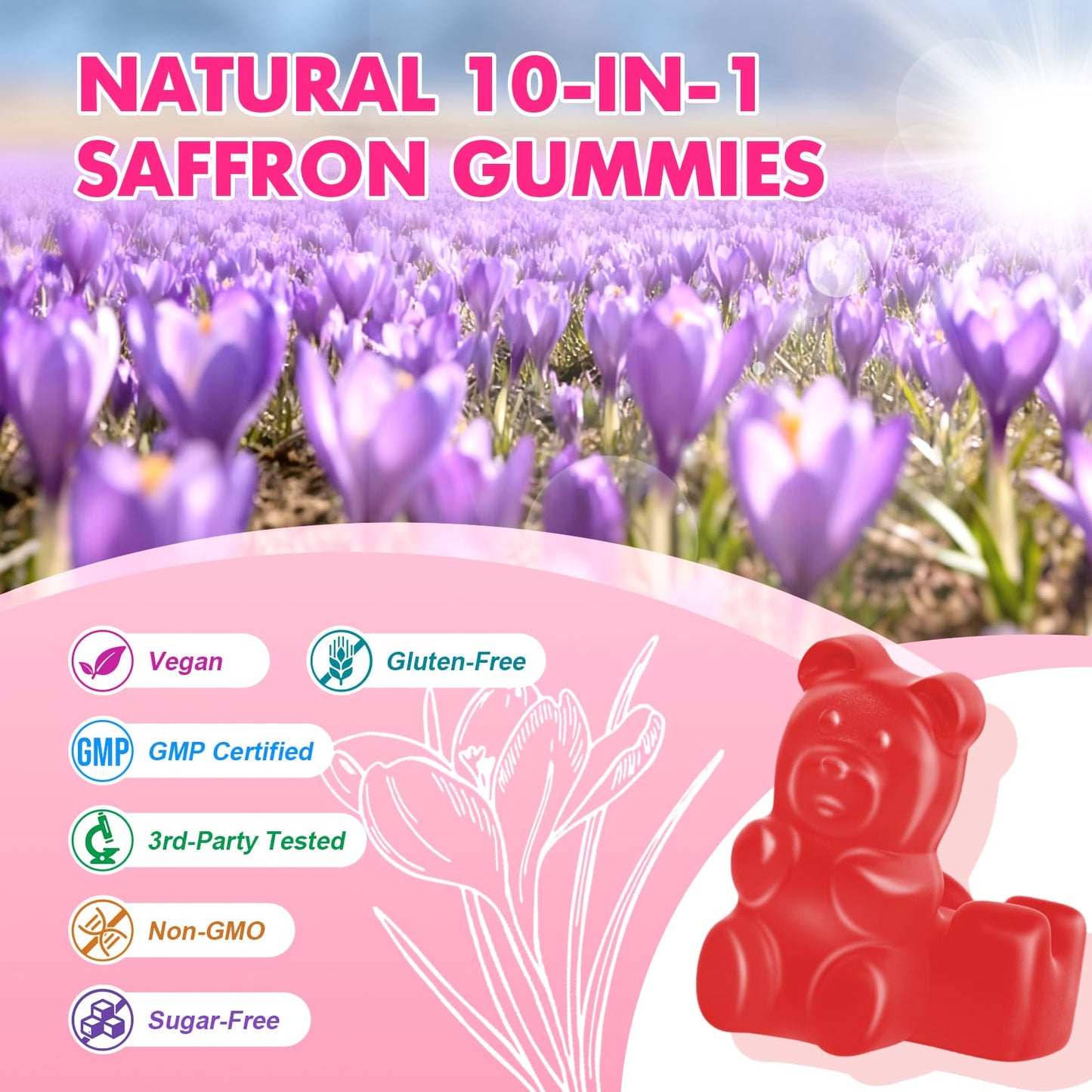 Saffron Gummies for Adult Kids - with Saffron 88.5mg, Vitamins D3 & B6, Magnesium, Zinc, Ashwagandha, L - Theanine, St. John's Wort - Supports Mood & Focus, Strawberry Flavor, 120 Count - dailyvitalstore