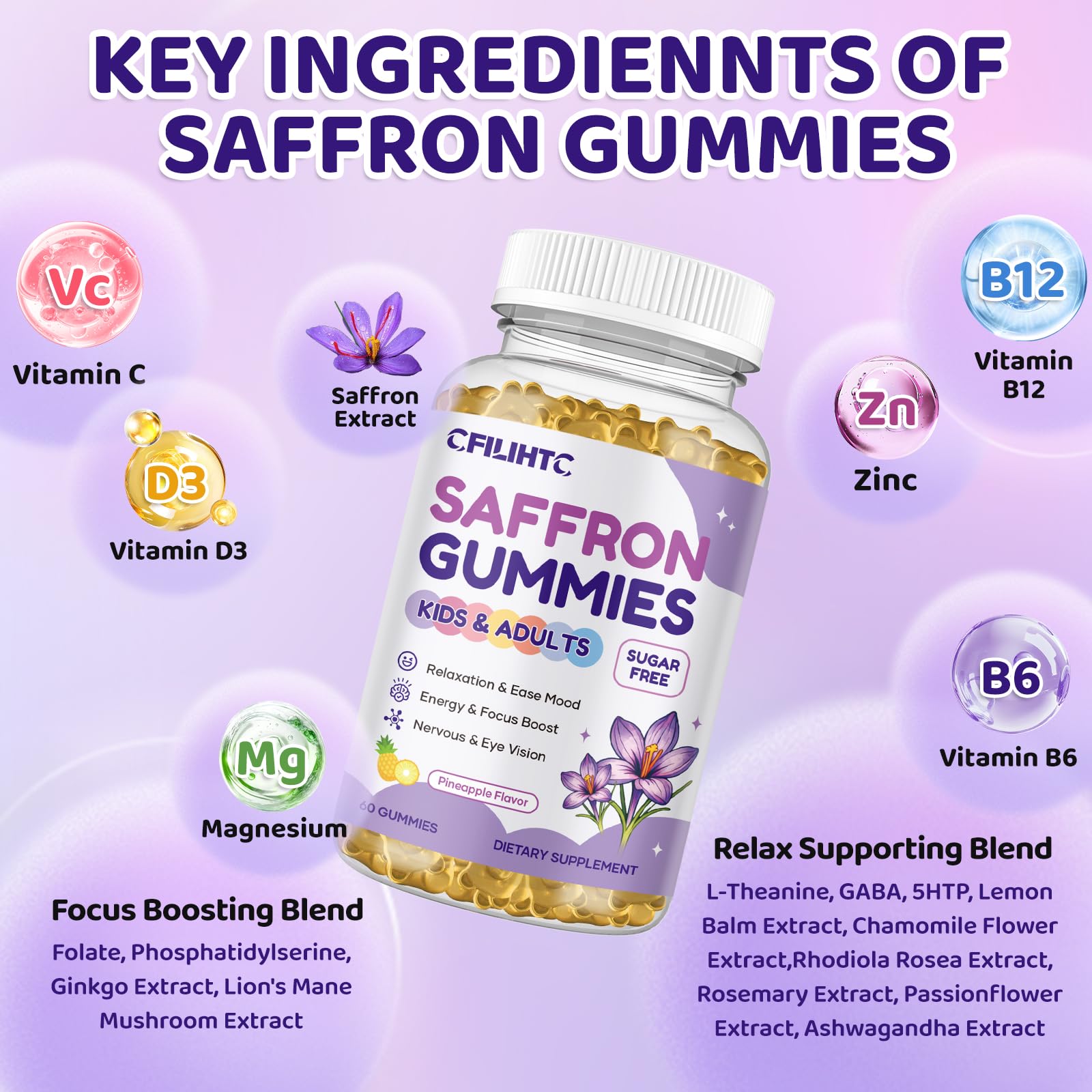 Saffron Gummies for Kids & Adults, 20-in-1 Saffron Supplements with 88.5mg Saffron Extract, B6, B12, C, D3, Magnesium for Calm, Focus, Nerve, Sugar Free, Vegan, Non-GMO - Pineapple Flavor, 60 Counts - dailyvitalstore