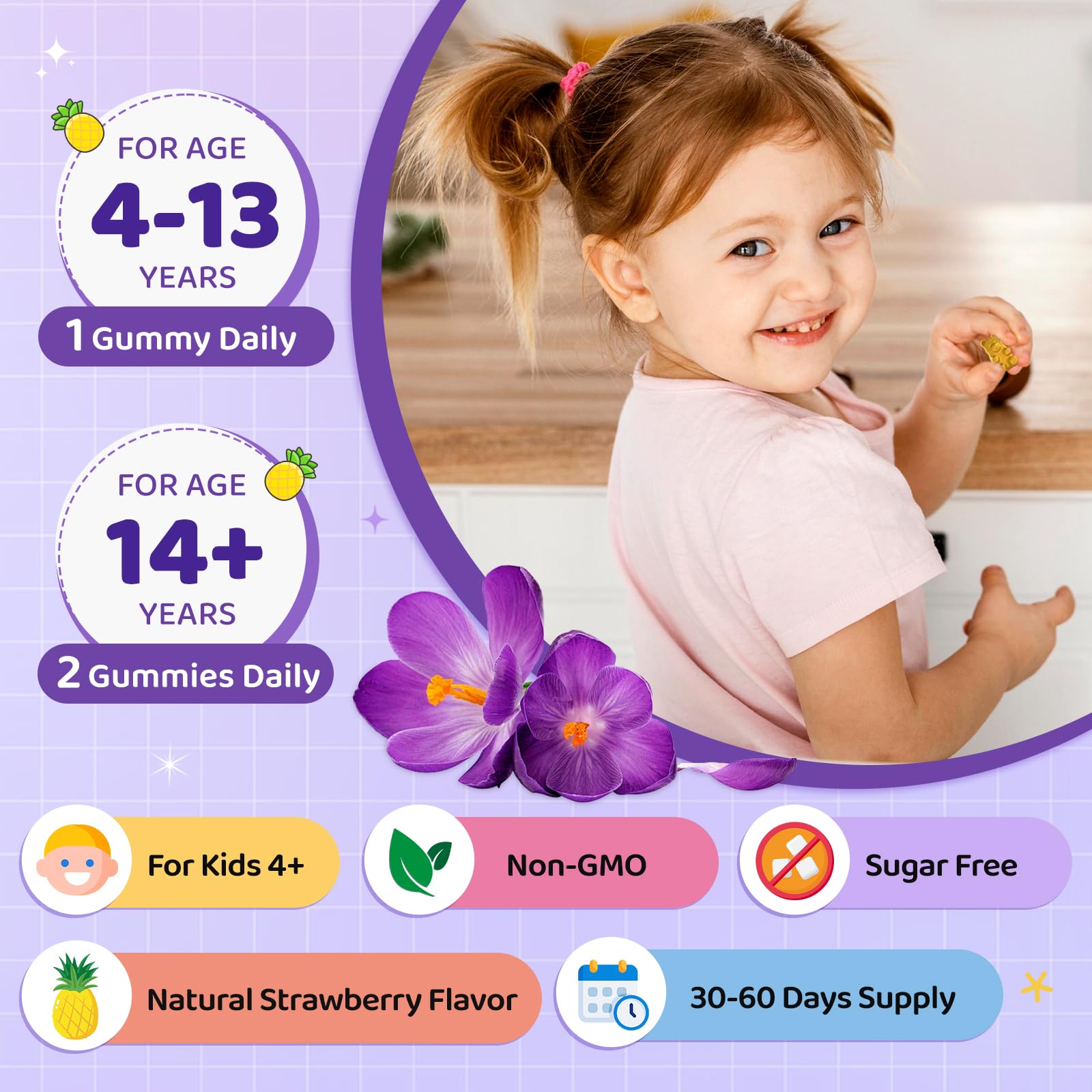 Saffron Gummies for Kids & Adults, 20-in-1 Saffron Supplements with 88.5mg Saffron Extract, B6, B12, C, D3, Magnesium for Calm, Focus, Nerve, Sugar Free, Vegan, Non-GMO - Pineapple Flavor, 60 Counts - dailyvitalstore