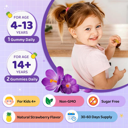 Saffron Gummies for Kids & Adults, 20-in-1 Saffron Supplements with 88.5mg Saffron Extract, B6, B12, C, D3, Magnesium for Calm, Focus, Nerve, Sugar Free, Vegan, Non-GMO - Pineapple Flavor, 60 Counts - dailyvitalstore