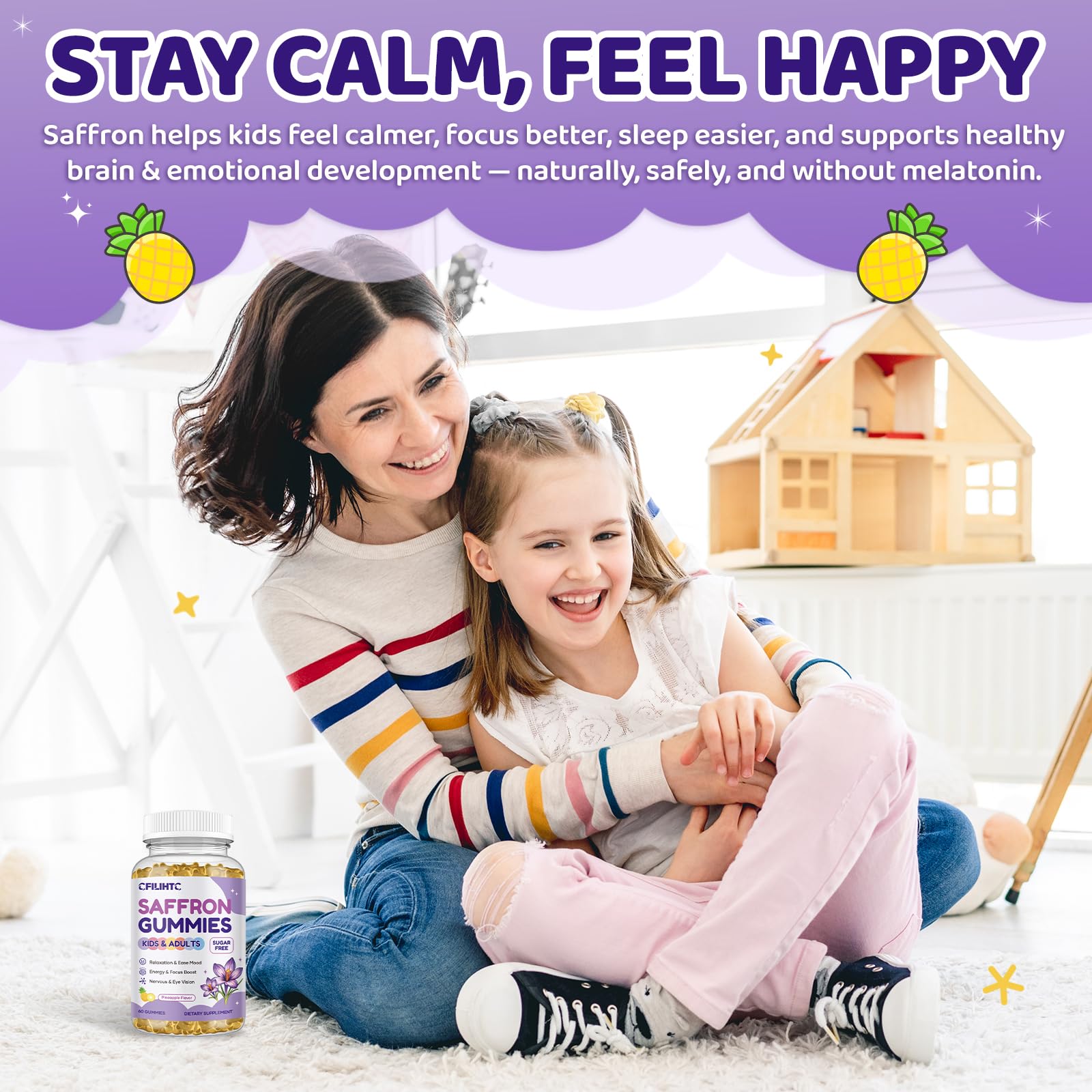 Saffron Gummies for Kids & Adults, 20-in-1 Saffron Supplements with 88.5mg Saffron Extract, B6, B12, C, D3, Magnesium for Calm, Focus, Nerve, Sugar Free, Vegan, Non-GMO - Pineapple Flavor, 60 Counts - dailyvitalstore