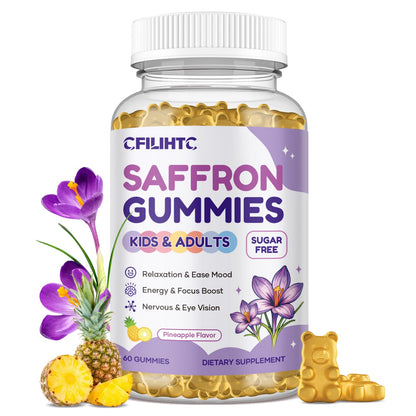 Saffron Gummies for Kids & Adults, 20-in-1 Saffron Supplements with 88.5mg Saffron Extract, B6, B12, C, D3, Magnesium for Calm, Focus, Nerve, Sugar Free, Vegan, Non-GMO - Pineapple Flavor, 60 Counts - dailyvitalstore