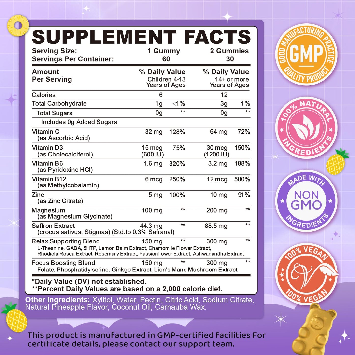 Saffron Gummies for Kids & Adults, 20-in-1 Saffron Supplements with 88.5mg Saffron Extract, B6, B12, C, D3, Magnesium for Calm, Focus, Nerve, Sugar Free, Vegan, Non-GMO - Pineapple Flavor, 60 Counts - dailyvitalstore