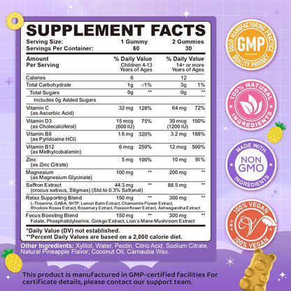 Saffron Gummies for Kids & Adults, 20-in-1 Saffron Supplements with 88.5mg Saffron Extract, B6, B12, C, D3, Magnesium for Calm, Focus, Nerve, Sugar Free, Vegan, Non-GMO - Pineapple Flavor, 60 Counts - dailyvitalstore