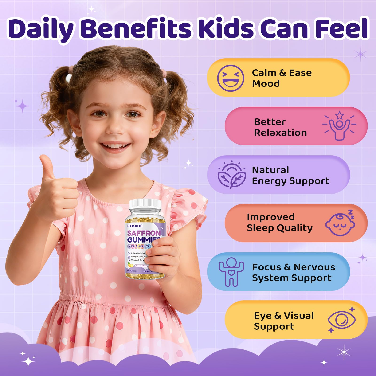 Saffron Gummies for Kids & Adults, 20-in-1 Saffron Supplements with 88.5mg Saffron Extract, B6, B12, C, D3, Magnesium for Calm, Focus, Nerve, Sugar Free, Vegan, Non-GMO - Pineapple Flavor, 60 Counts - dailyvitalstore
