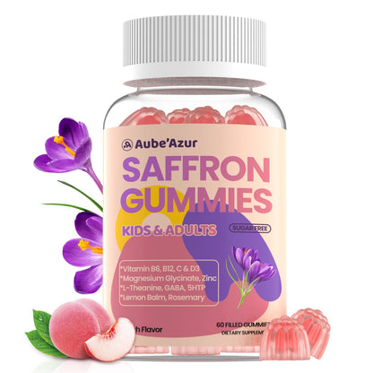 Saffron Gummies for Kids Adults 88.5mg, 15-in-1 Saffron Supplements for Kids, with B6, B12, C, D3, Magnesium Glycinate, Zinc for Nerve, Rest, Focus, Sugar Free, Vegan, Non- GMO, Peach Flavor, 60 Count - dailyvitalstore