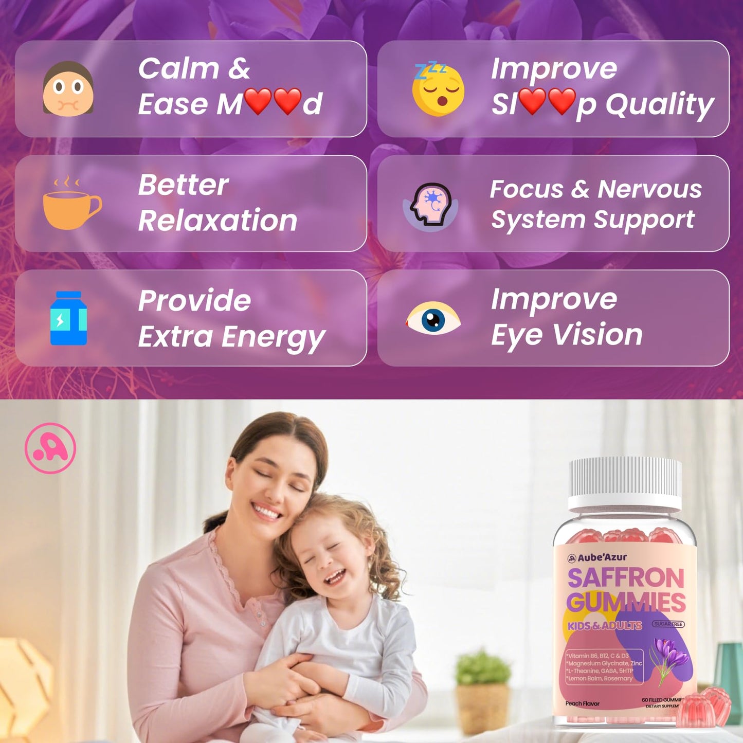 Saffron Gummies for Kids Adults 88.5mg, 15-in-1 Saffron Supplements for Kids, with B6, B12, C, D3, Magnesium Glycinate, Zinc for Nerve, Rest, Focus, Sugar Free, Vegan, Non- GMO, Peach Flavor, 60 Count - dailyvitalstore