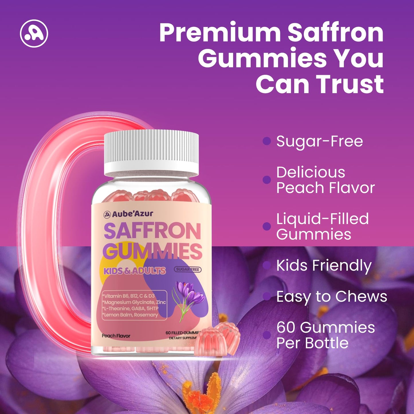 Saffron Gummies for Kids Adults 88.5mg, 15-in-1 Saffron Supplements for Kids, with B6, B12, C, D3, Magnesium Glycinate, Zinc for Nerve, Rest, Focus, Sugar Free, Vegan, Non- GMO, Peach Flavor, 60 Count - dailyvitalstore