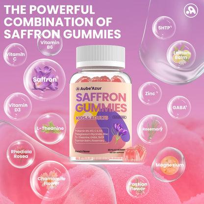 Saffron Gummies for Kids Adults 88.5mg, 15-in-1 Saffron Supplements for Kids, with B6, B12, C, D3, Magnesium Glycinate, Zinc for Nerve, Rest, Focus, Sugar Free, Vegan, Non- GMO, Peach Flavor, 60 Count - dailyvitalstore