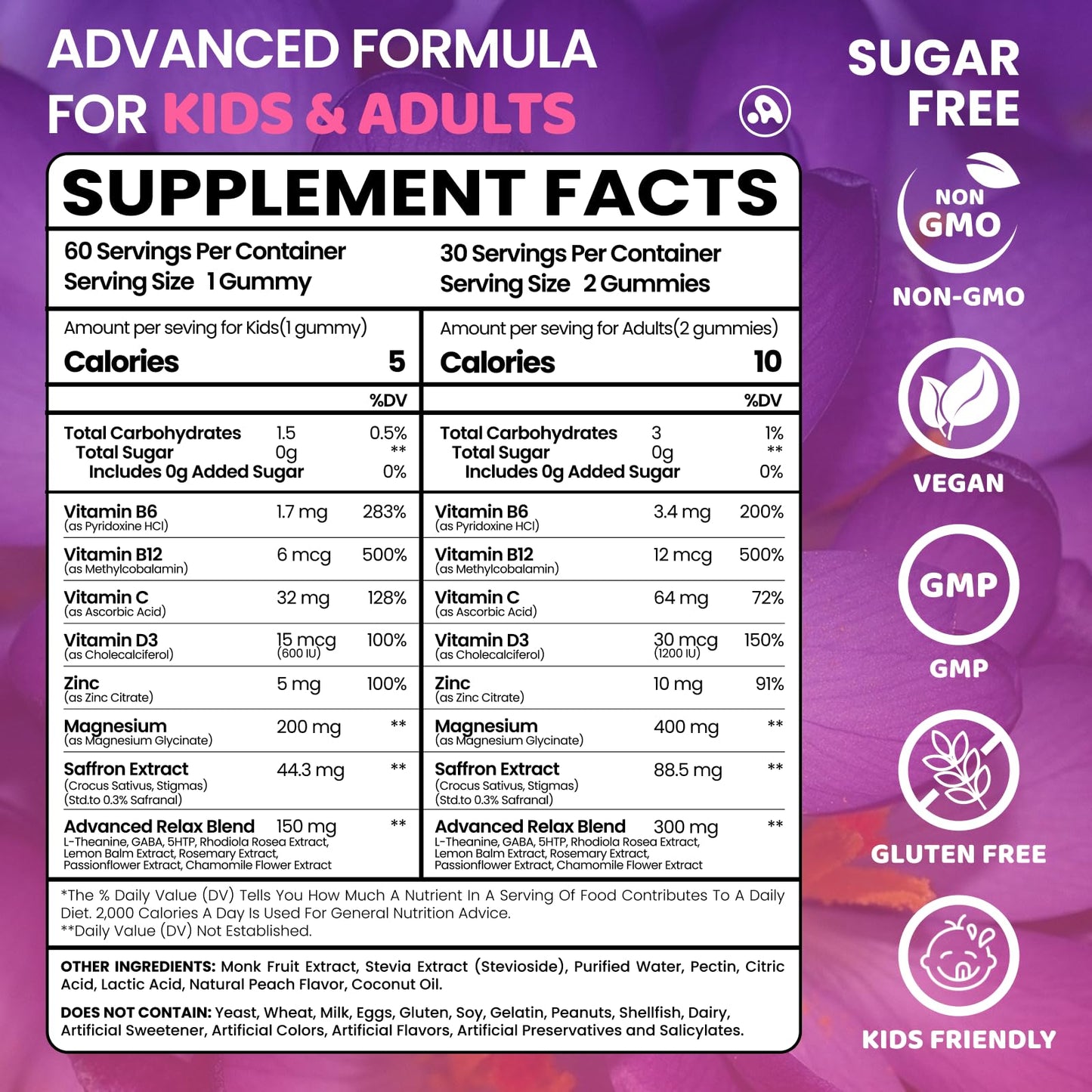 Saffron Gummies for Kids Adults 88.5mg, 15-in-1 Saffron Supplements for Kids, with B6, B12, C, D3, Magnesium Glycinate, Zinc for Nerve, Rest, Focus, Sugar Free, Vegan, Non- GMO, Peach Flavor, 60 Count - dailyvitalstore