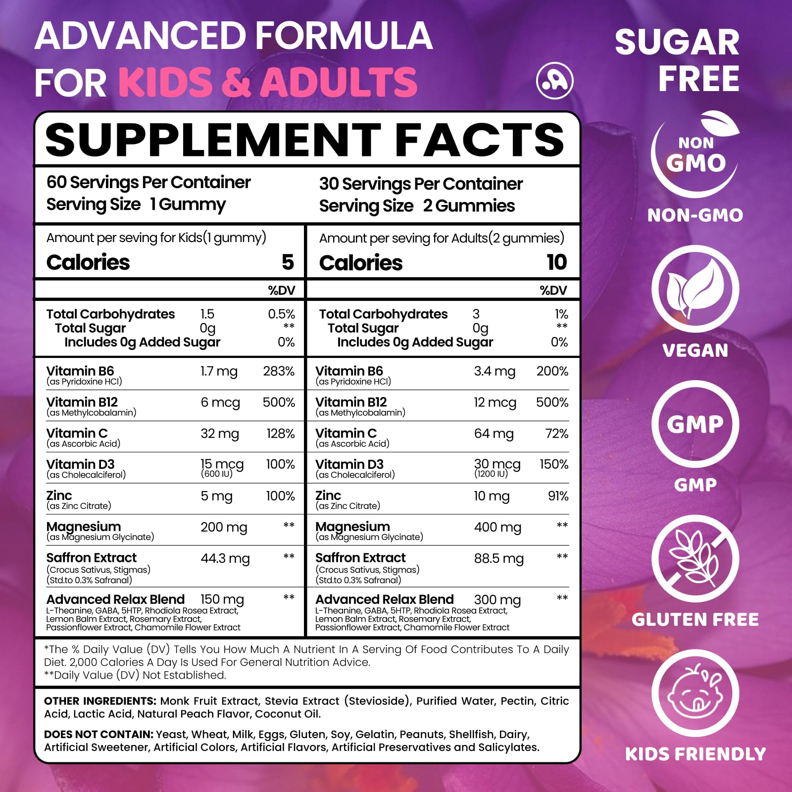 Saffron Gummies for Kids Adults 88.5mg, 15-in-1 Saffron Supplements for Kids, with B6, B12, C, D3, Magnesium Glycinate, Zinc for Nerve, Rest, Focus, Sugar Free, Vegan, Non- GMO, Peach Flavor, 60 Count - dailyvitalstore