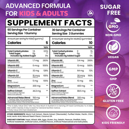 Saffron Gummies for Kids Adults 88.5mg, 15-in-1 Saffron Supplements for Kids, with B6, B12, C, D3, Magnesium Glycinate, Zinc for Nerve, Rest, Focus, Sugar Free, Vegan, Non- GMO, Peach Flavor, 60 Count - dailyvitalstore