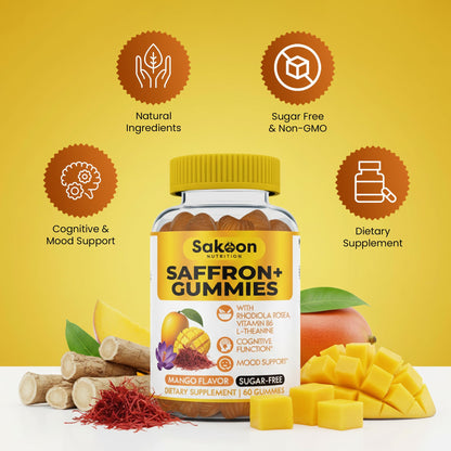Saffron Gummies for Mood Boost & Stress Relief | Saffron Extract with 150mg Rhodiola Rosea & L-Theanine | Sugar Free Mango Flavor | Focus & Energy Supplement for Women & Men | 60 Count - dailyvitalstore