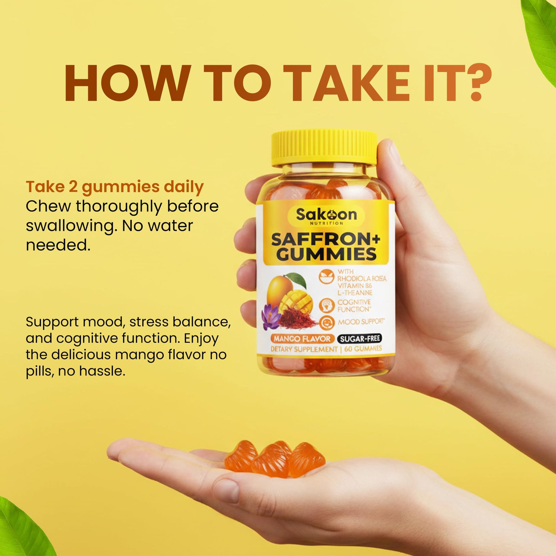 Saffron Gummies for Mood Boost & Stress Relief | Saffron Extract with 150mg Rhodiola Rosea & L-Theanine | Sugar Free Mango Flavor | Focus & Energy Supplement for Women & Men | 60 Count - dailyvitalstore