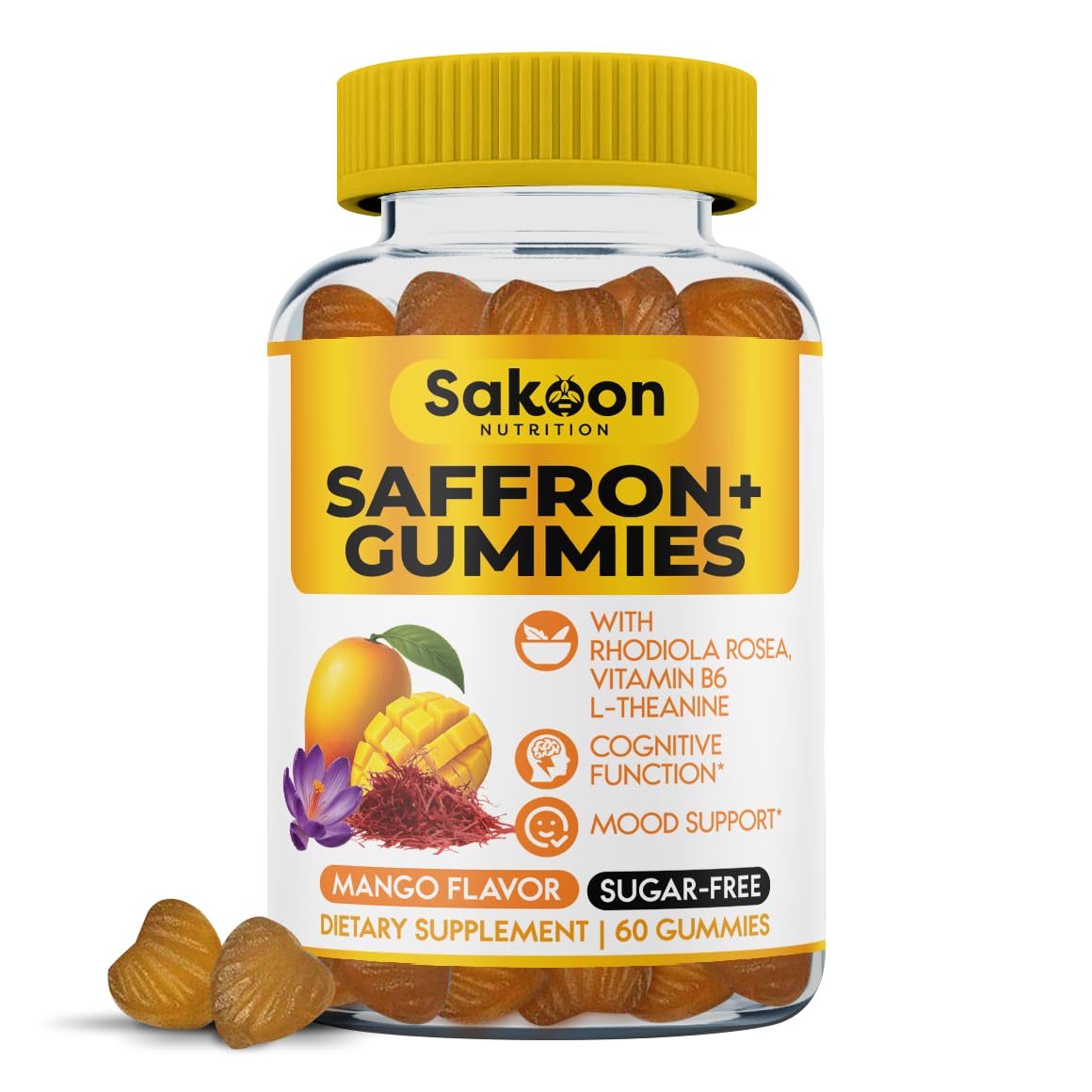 Saffron Gummies for Mood Boost & Stress Relief | Saffron Extract with 150mg Rhodiola Rosea & L-Theanine | Sugar Free Mango Flavor | Focus & Energy Supplement for Women & Men | 60 Count - dailyvitalstore