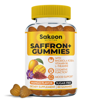 Saffron Gummies for Mood Boost & Stress Relief | Saffron Extract with 150mg Rhodiola Rosea & L-Theanine | Sugar Free Mango Flavor | Focus & Energy Supplement for Women & Men | 60 Count - dailyvitalstore