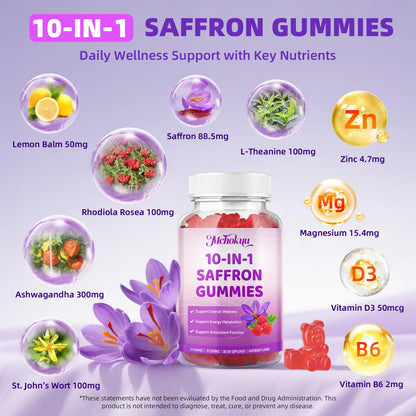 Saffron Supplement Gummies for Kids & Adults Supports Antioxidant Function with Ashwagandha, L-Theanine, Rhodiola Rosea, Lemon Balm, Vitamin D3, B6, Magnesium & Zinc – Raspberry Flavor, 60 Count - dailyvitalstore