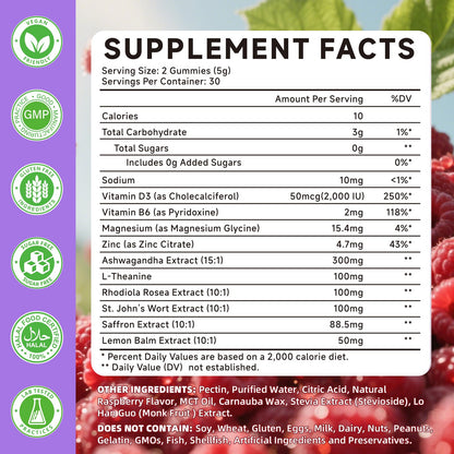 Saffron Supplement Gummies for Kids & Adults Supports Antioxidant Function with Ashwagandha, L-Theanine, Rhodiola Rosea, Lemon Balm, Vitamin D3, B6, Magnesium & Zinc – Raspberry Flavor, 60 Count - dailyvitalstore