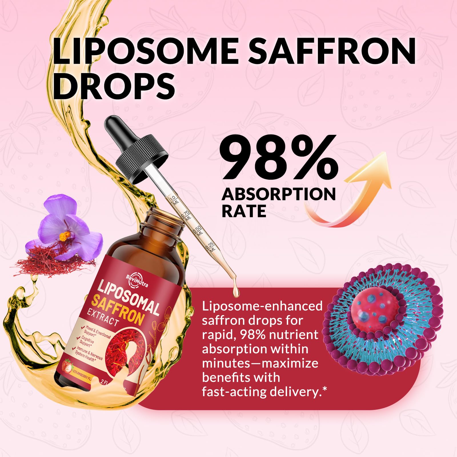 Saffron Supplements - 88.5mg Saffron Extract Liposomal Liquid Drops with Magnesium, Zinc, Ashwagandha, L-Theanine, Vitamin B6, D3 for Antioxidant Mood Energy Vision & Focus, Strawberry Flavor 2 Fl Oz - dailyvitalstore