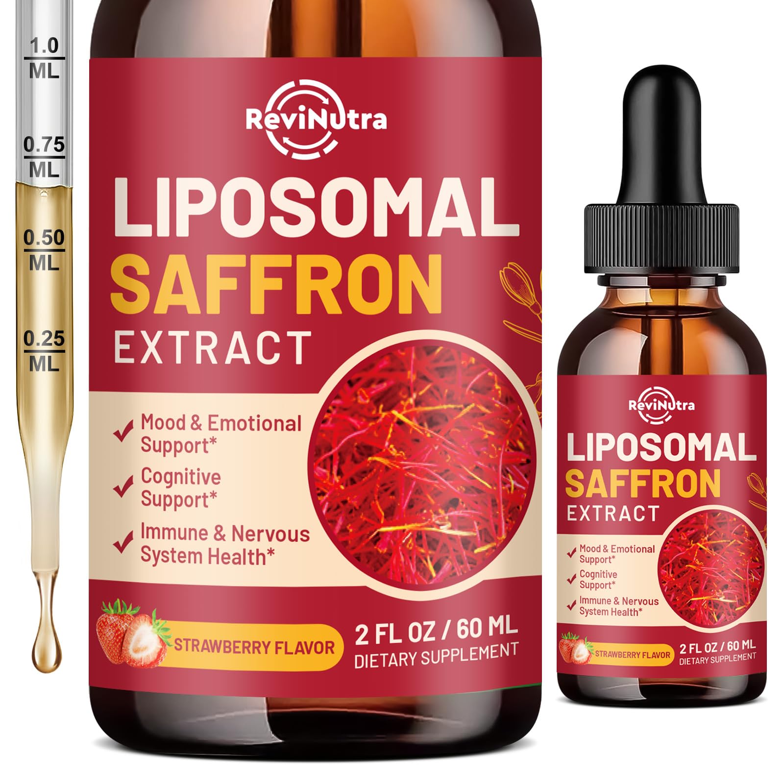 Saffron Supplements - 88.5mg Saffron Extract Liposomal Liquid Drops with Magnesium, Zinc, Ashwagandha, L-Theanine, Vitamin B6, D3 for Antioxidant Mood Energy Vision & Focus, Strawberry Flavor 2 Fl Oz - dailyvitalstore