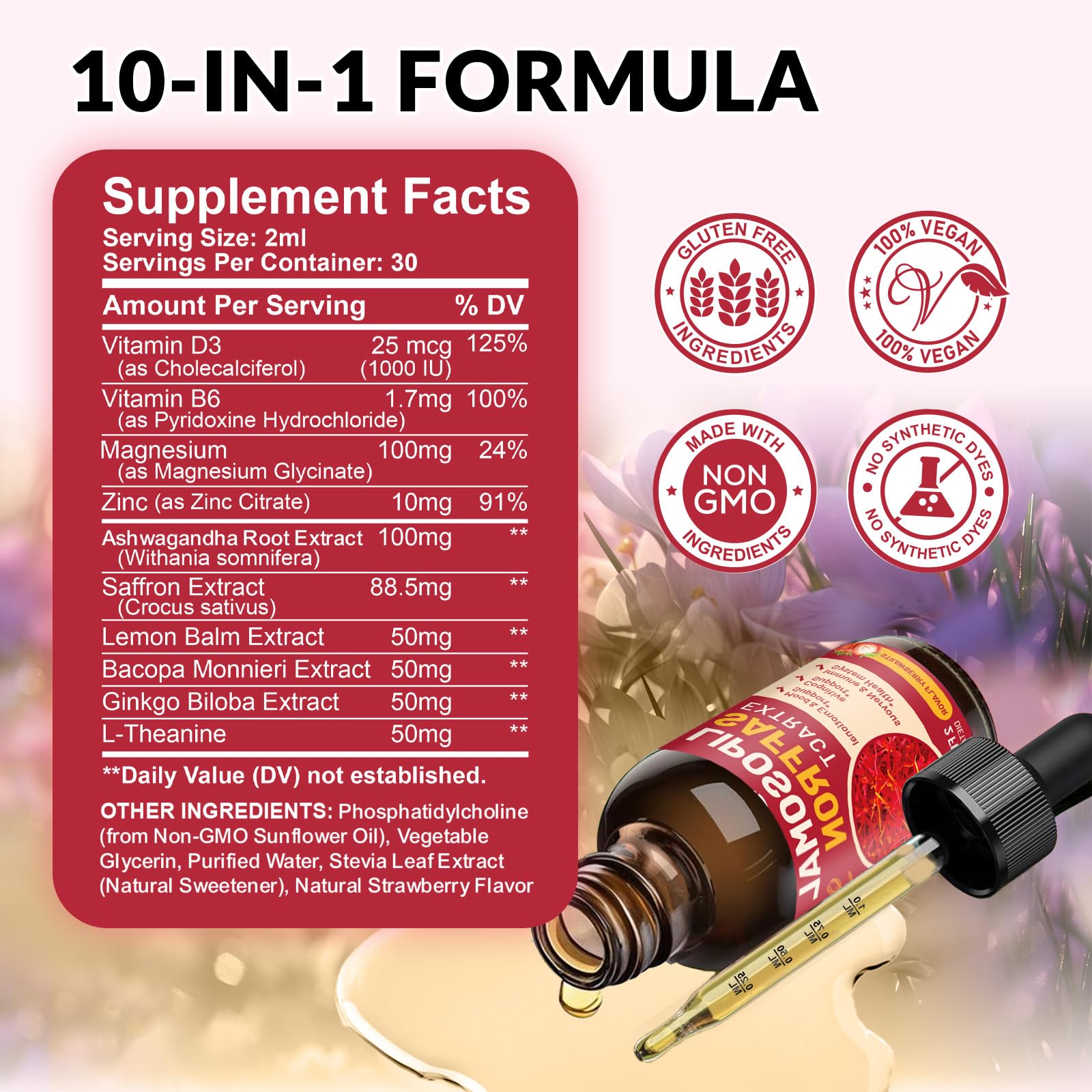 Saffron Supplements - 88.5mg Saffron Extract Liposomal Liquid Drops with Magnesium, Zinc, Ashwagandha, L-Theanine, Vitamin B6, D3 for Antioxidant Mood Energy Vision & Focus, Strawberry Flavor 2 Fl Oz - dailyvitalstore